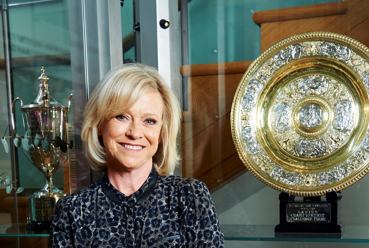 Sue Barker with the Wimbledon women's singles trophy